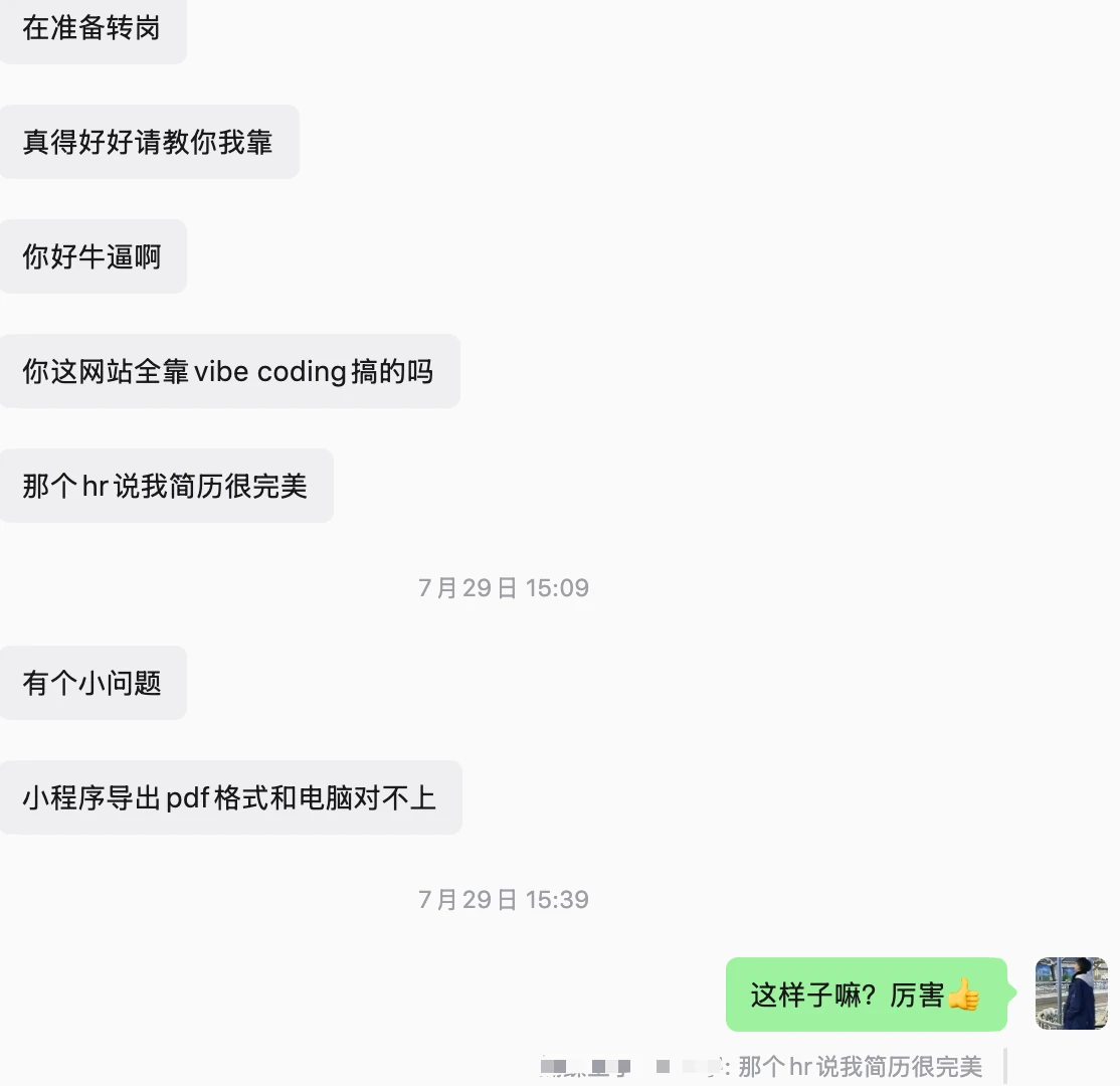 用户反馈简历获得招聘方认可的聊天截图