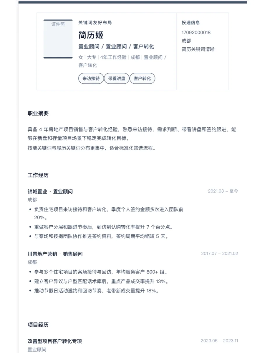 置业顾问关键词友好简历模板